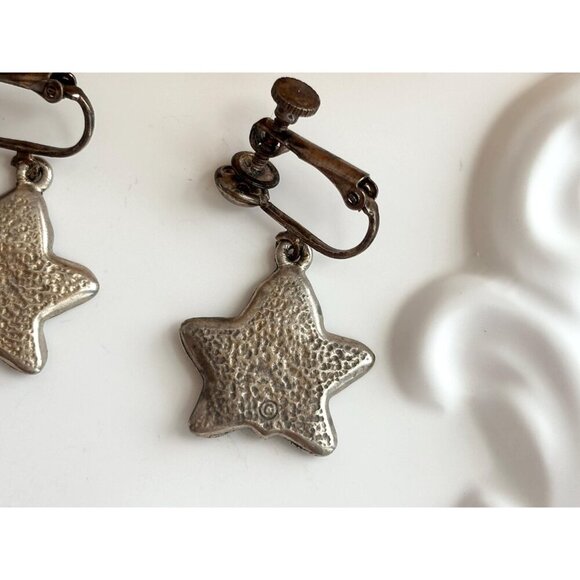 Textured Tree Spirit Vintage Star & leaf Silver T Pewter Screw Back Earrings - Picture 6 of 9
